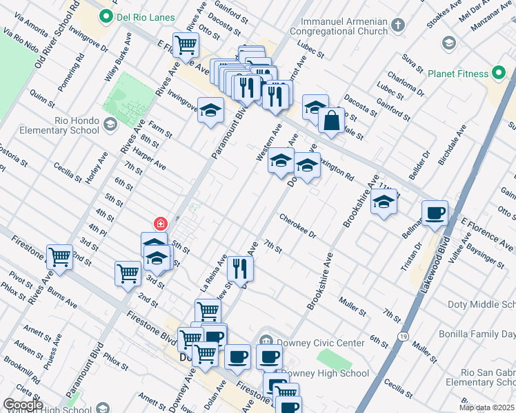map of restaurants, bars, coffee shops, grocery stores, and more near 10500 La Reina Avenue in Downey