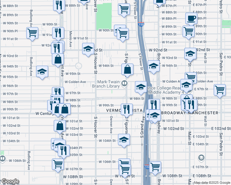 map of restaurants, bars, coffee shops, grocery stores, and more near 534 West 97th Street in Los Angeles