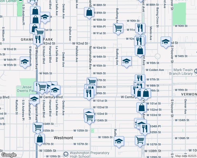 map of restaurants, bars, coffee shops, grocery stores, and more near 1327 West 97th Street in Los Angeles