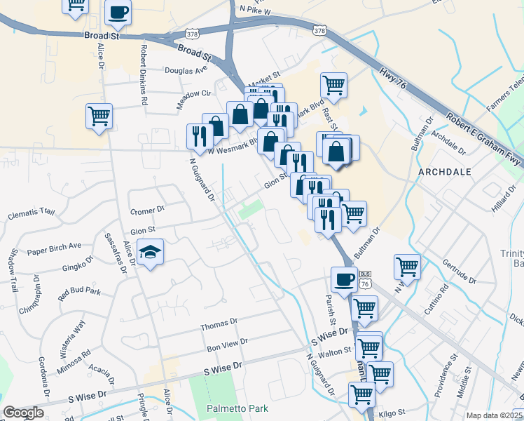 map of restaurants, bars, coffee shops, grocery stores, and more near 804 Jessamine Trail in Sumter
