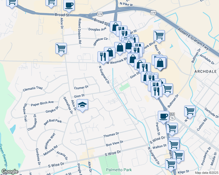 map of restaurants, bars, coffee shops, grocery stores, and more near 2045 Gion Street in Sumter