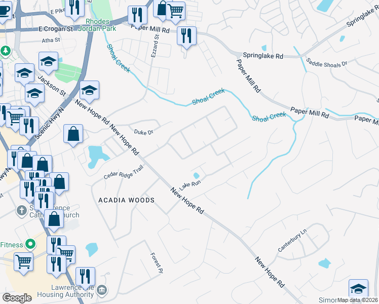 map of restaurants, bars, coffee shops, grocery stores, and more near 735 Wayside Drive in Lawrenceville
