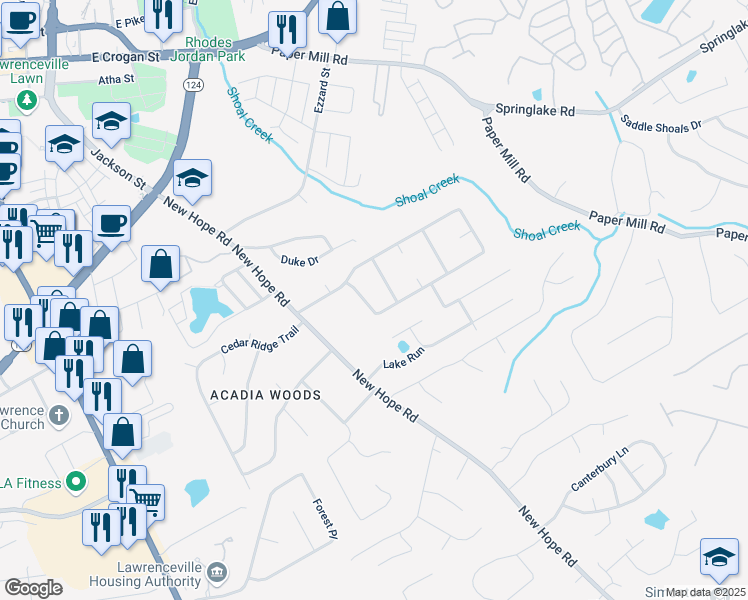 map of restaurants, bars, coffee shops, grocery stores, and more near 805 Wayside Drive in Lawrenceville