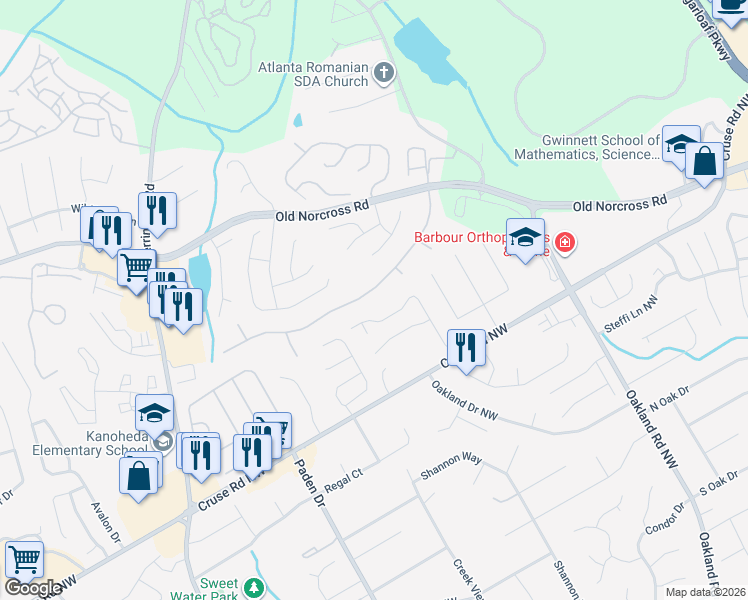 map of restaurants, bars, coffee shops, grocery stores, and more near 2460 Waterford Park Drive in Lawrenceville