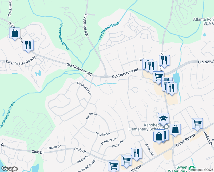 map of restaurants, bars, coffee shops, grocery stores, and more near 1282 Britain Drive Northwest in Lawrenceville