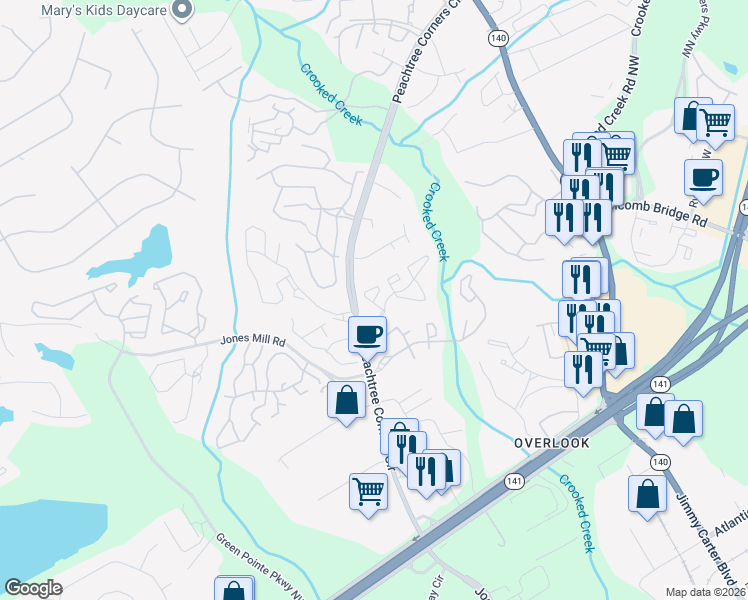 map of restaurants, bars, coffee shops, grocery stores, and more near 1511 Glenleaf Drive in Norcross