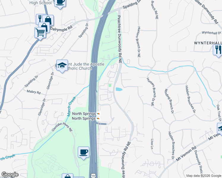 map of restaurants, bars, coffee shops, grocery stores, and more near 814 Marsh Trail Circle Northeast in Sandy Springs