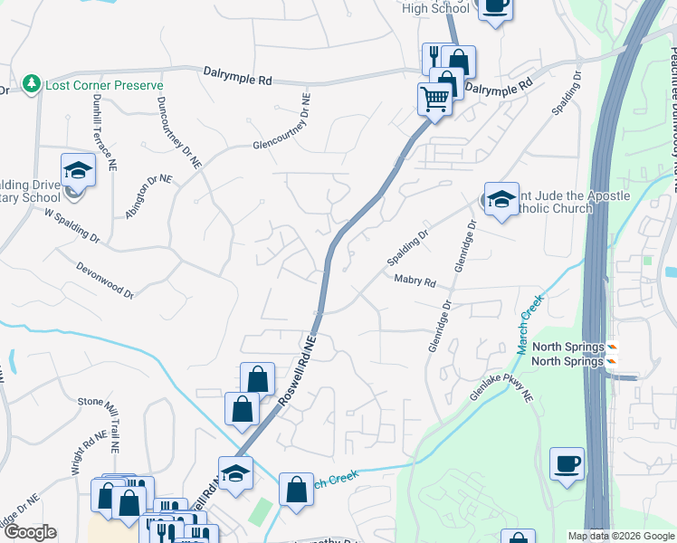 map of restaurants, bars, coffee shops, grocery stores, and more near 244 Spalding Gates Drive Northeast in Atlanta