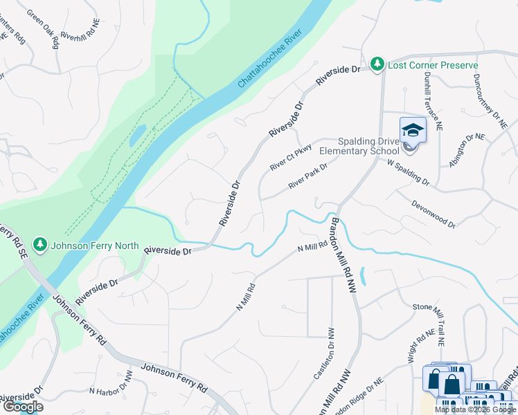 map of restaurants, bars, coffee shops, grocery stores, and more near 170 River Court Parkway in Atlanta