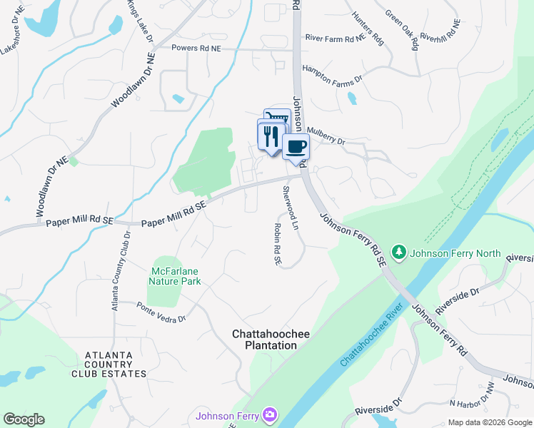 map of restaurants, bars, coffee shops, grocery stores, and more near 110 Robin Road Southeast in Marietta