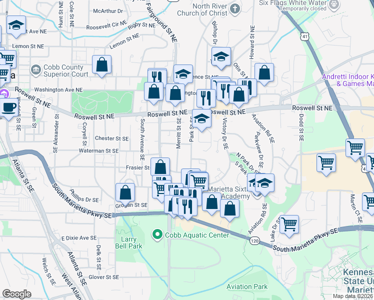 map of restaurants, bars, coffee shops, grocery stores, and more near 156 Park Street Southeast in Marietta