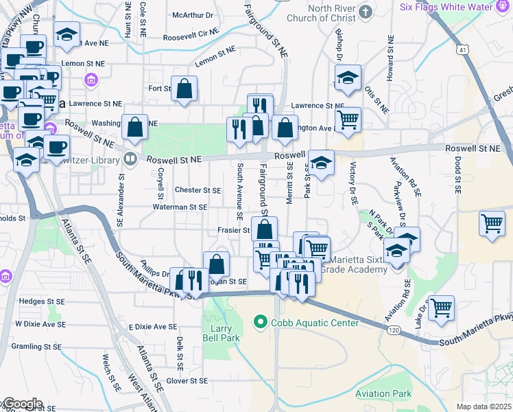 map of restaurants, bars, coffee shops, grocery stores, and more near 539 Waterman Street Southeast in Marietta