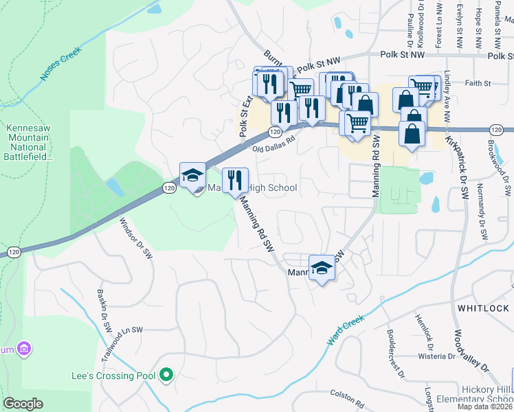 map of restaurants, bars, coffee shops, grocery stores, and more near 813 Manning Way Southwest in Marietta