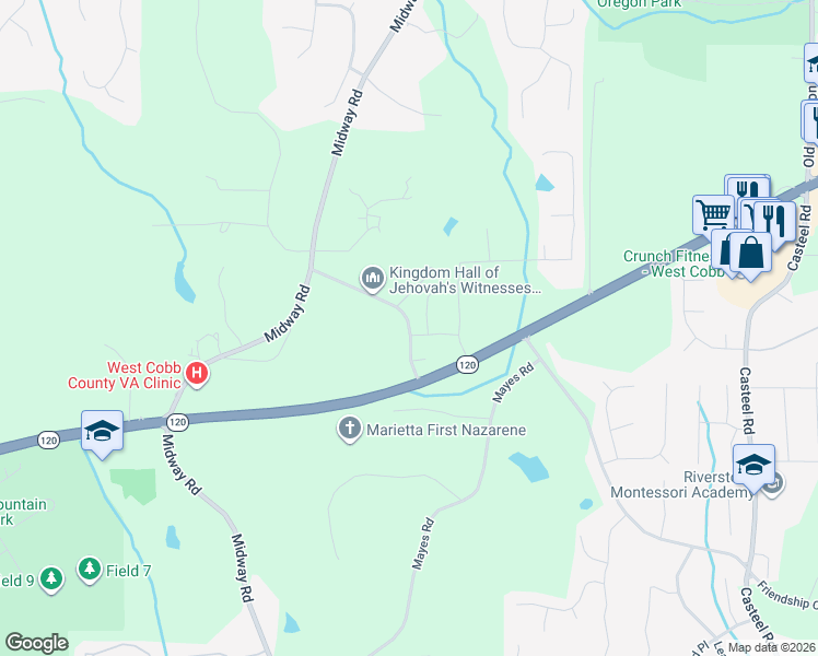 map of restaurants, bars, coffee shops, grocery stores, and more near 224 County Road Southwest in Marietta
