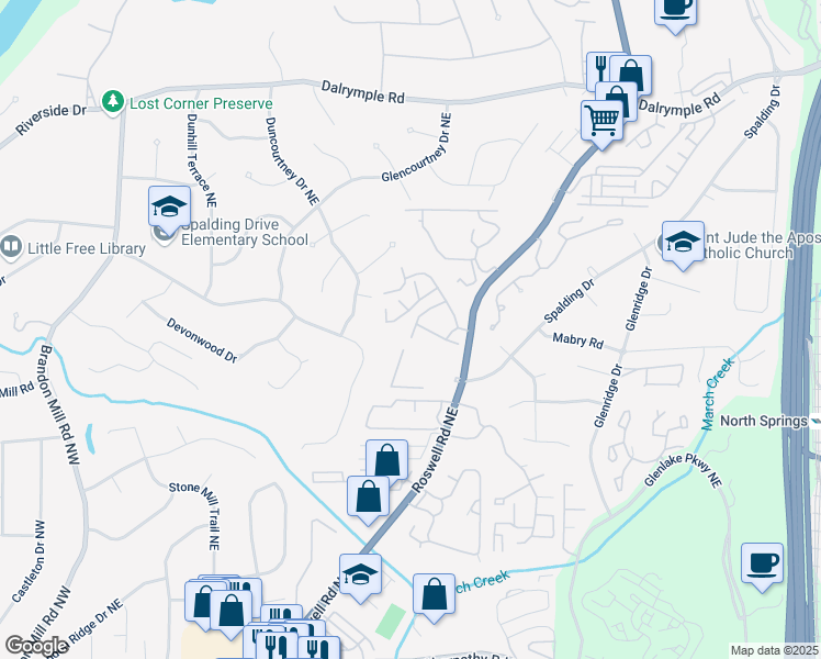 map of restaurants, bars, coffee shops, grocery stores, and more near 7323 Cardigan Circle in Atlanta