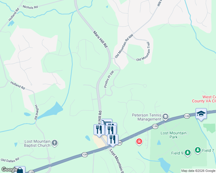 map of restaurants, bars, coffee shops, grocery stores, and more near 5104 Pindos Pass in Powder Springs