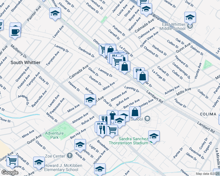 map of restaurants, bars, coffee shops, grocery stores, and more near 9552 Mina Avenue in Whittier