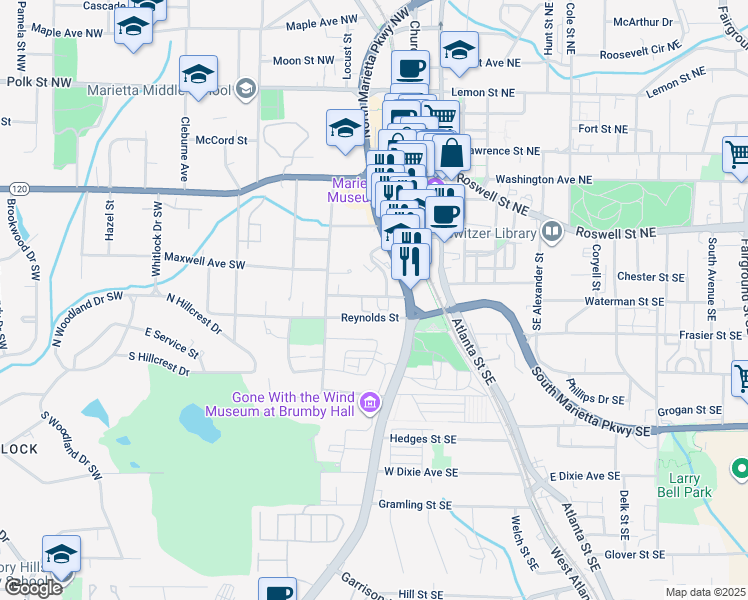 map of restaurants, bars, coffee shops, grocery stores, and more near 31 Trammell Street Southwest in Marietta