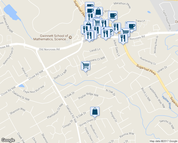 map of restaurants, bars, coffee shops, grocery stores, and more near 755 Lendl Lane in Lawrenceville