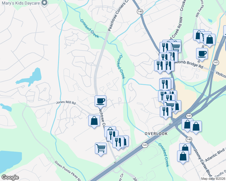 map of restaurants, bars, coffee shops, grocery stores, and more near 308 Glenleaf Drive in Norcross