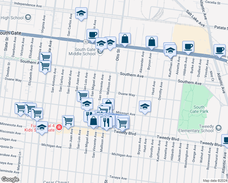 map of restaurants, bars, coffee shops, grocery stores, and more near 9413 Otis Street in South Gate