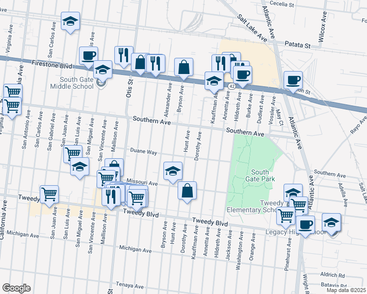 map of restaurants, bars, coffee shops, grocery stores, and more near 9331 Hunt Avenue in South Gate