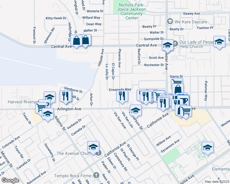 map of restaurants, bars, coffee shops, grocery stores, and more near 5630 Ensenada Way in Riverside