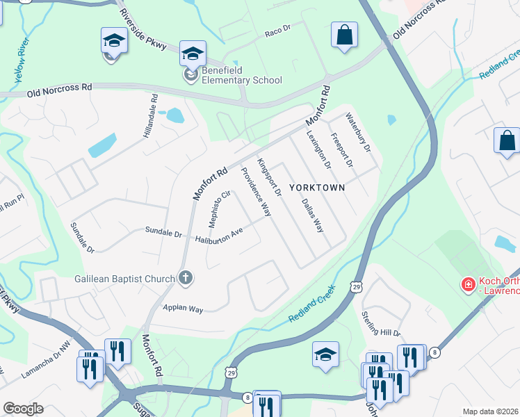 map of restaurants, bars, coffee shops, grocery stores, and more near 1372 Providence Way in Lawrenceville