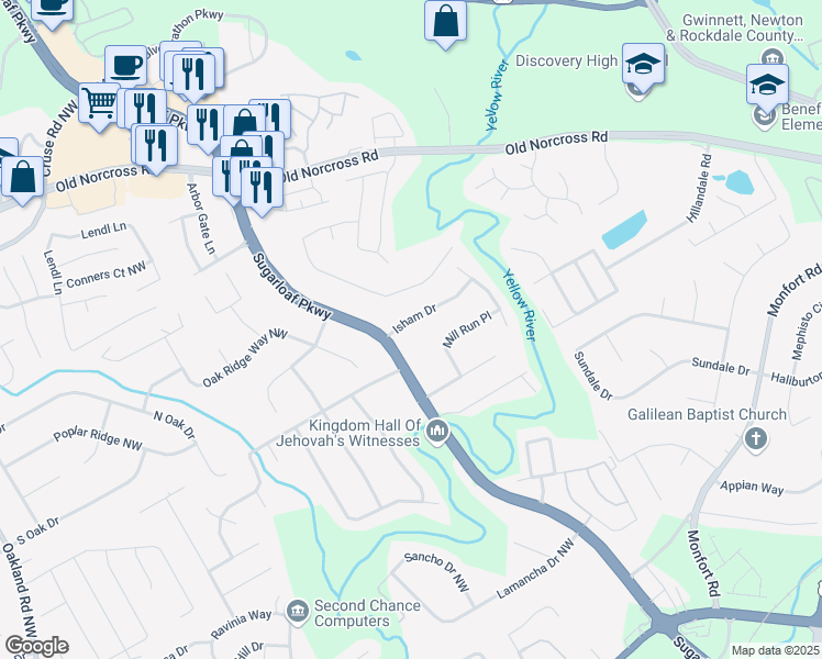 map of restaurants, bars, coffee shops, grocery stores, and more near 1616 Isham Drive in Lawrenceville