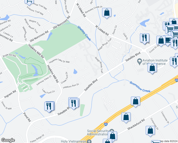 map of restaurants, bars, coffee shops, grocery stores, and more near 2250 Hopkins Creek Drive in Duluth
