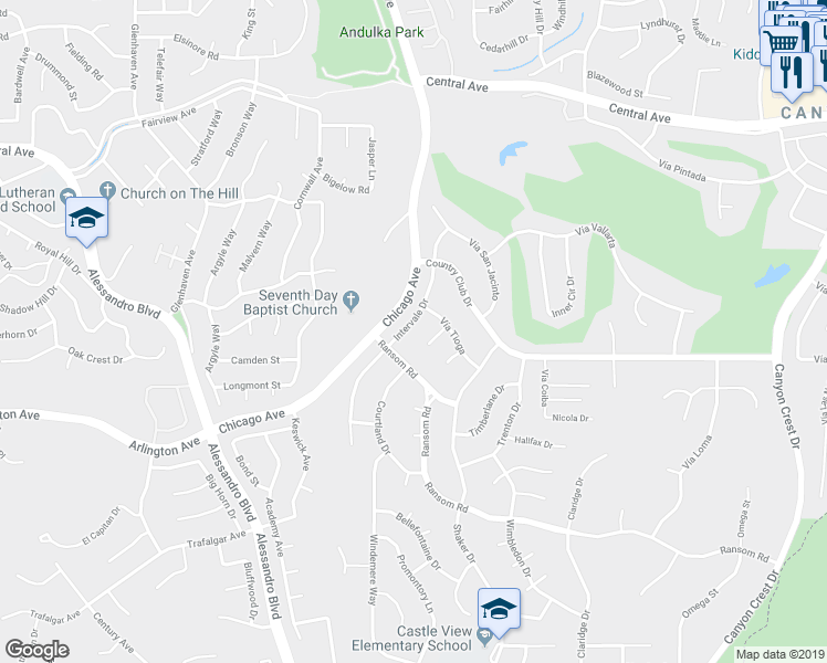 map of restaurants, bars, coffee shops, grocery stores, and more near 5800 Intervale Drive in Riverside