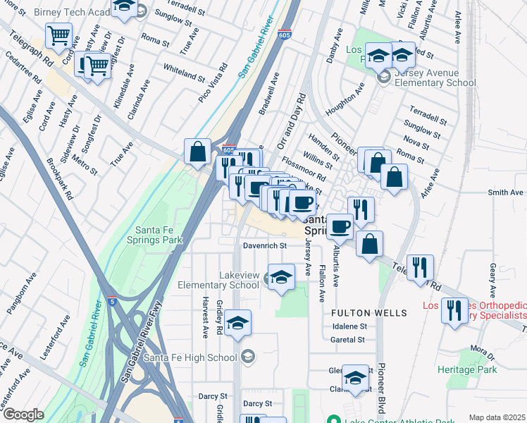 map of restaurants, bars, coffee shops, grocery stores, and more near 11462 Telegraph Road in Santa Fe Springs