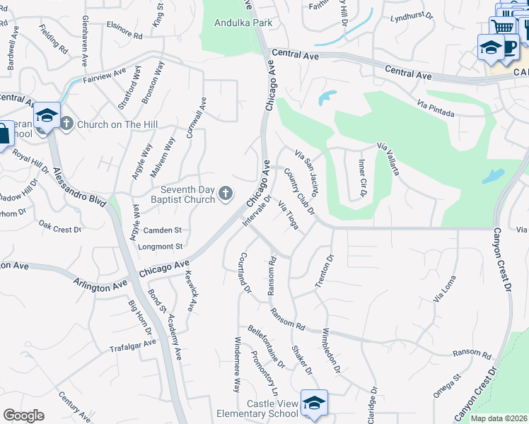 map of restaurants, bars, coffee shops, grocery stores, and more near 5800 Intervale Drive in Riverside