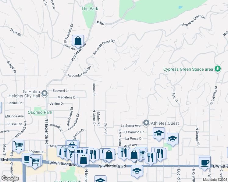 map of restaurants, bars, coffee shops, grocery stores, and more near 516 Mondo Drive in La Habra Heights