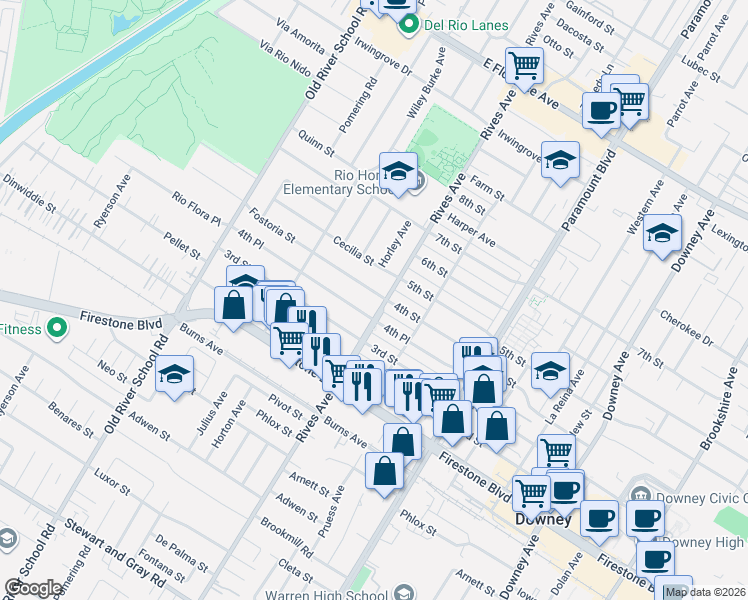 map of restaurants, bars, coffee shops, grocery stores, and more near 7741 Fostoria Street in Downey
