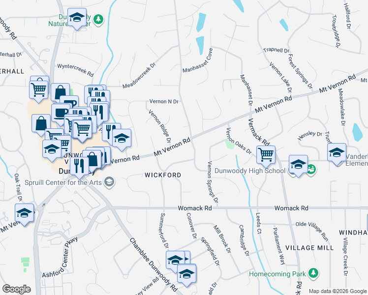 map of restaurants, bars, coffee shops, grocery stores, and more near 1823 Mount Vernon Road in Dunwoody