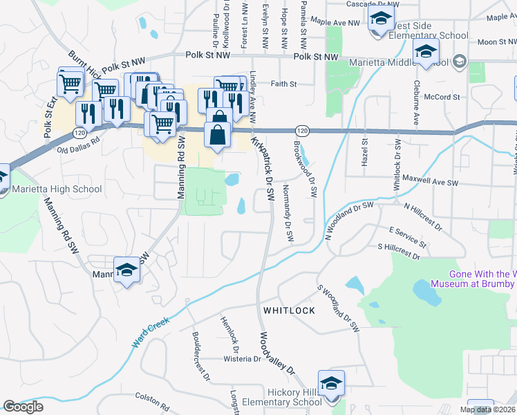 map of restaurants, bars, coffee shops, grocery stores, and more near 585 Westchester Circle Southwest in Marietta