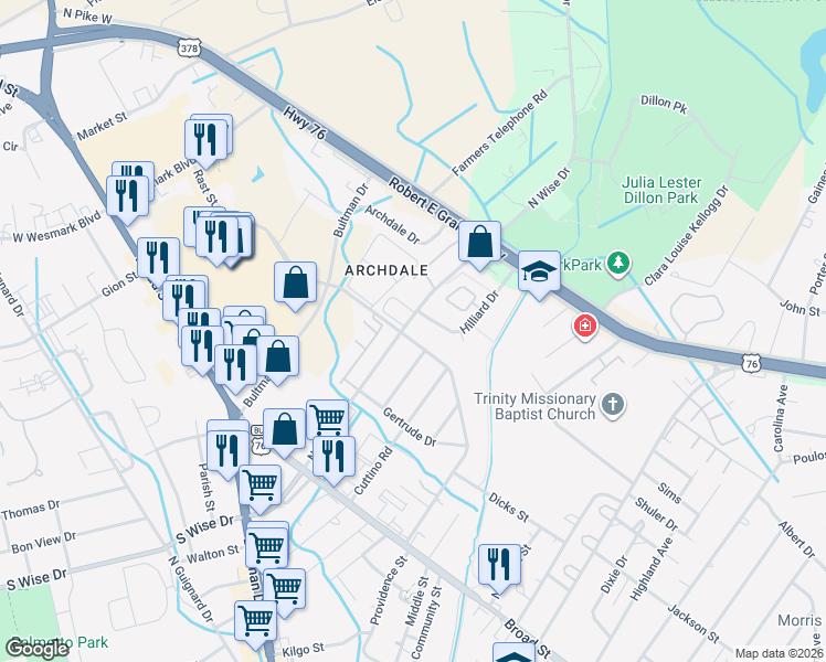 map of restaurants, bars, coffee shops, grocery stores, and more near 301 North Wise Drive in Sumter