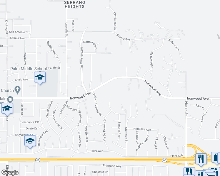 map of restaurants, bars, coffee shops, grocery stores, and more near 26371 Ironwood Avenue in Moreno Valley