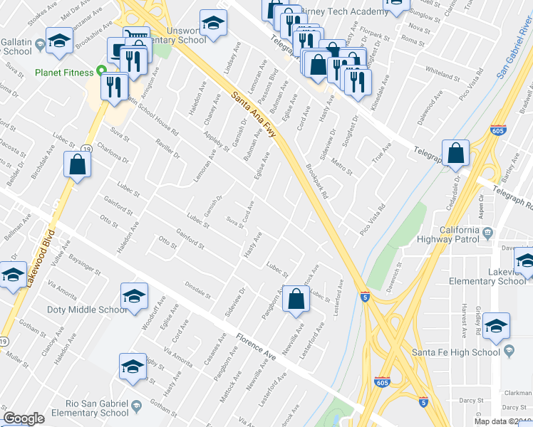 map of restaurants, bars, coffee shops, grocery stores, and more near 9440 Gallatin Road in Downey