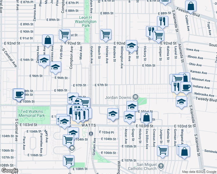 map of restaurants, bars, coffee shops, grocery stores, and more near 9702 Holmes Avenue in Los Angeles