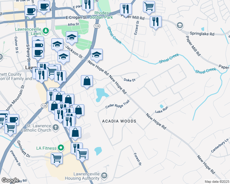 map of restaurants, bars, coffee shops, grocery stores, and more near 138 Sandalwood Circle in Lawrenceville