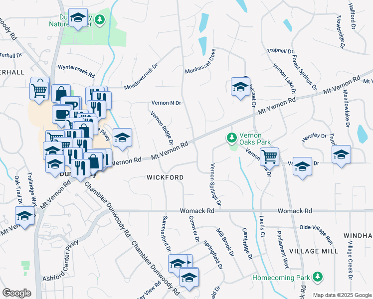 map of restaurants, bars, coffee shops, grocery stores, and more near 1823 Mount Vernon Road in Dunwoody