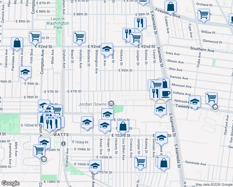 map of restaurants, bars, coffee shops, grocery stores, and more near 2036 East 97th Street in Los Angeles