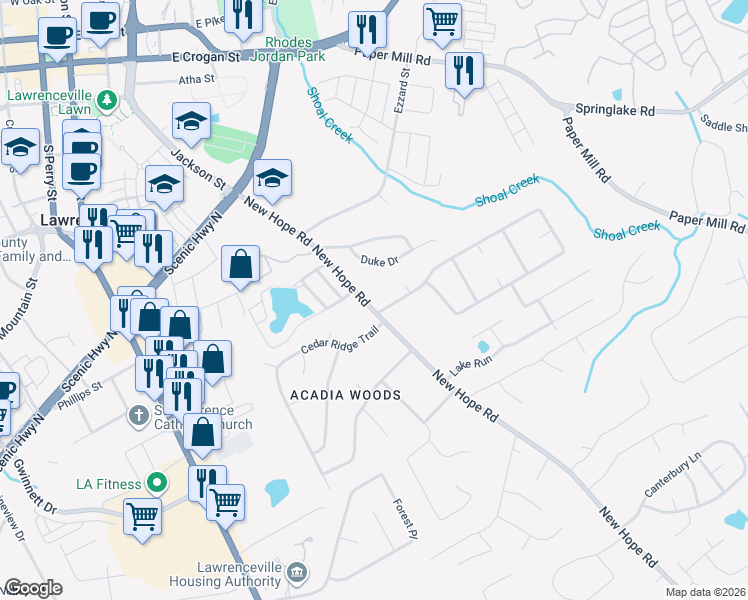 map of restaurants, bars, coffee shops, grocery stores, and more near 326 New Hope Road in Lawrenceville