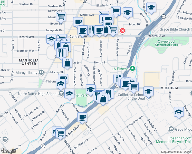 map of restaurants, bars, coffee shops, grocery stores, and more near 6708 Mount Whitney Avenue in Riverside