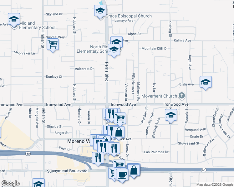 map of restaurants, bars, coffee shops, grocery stores, and more near 25072 Quebrada Court in Moreno Valley