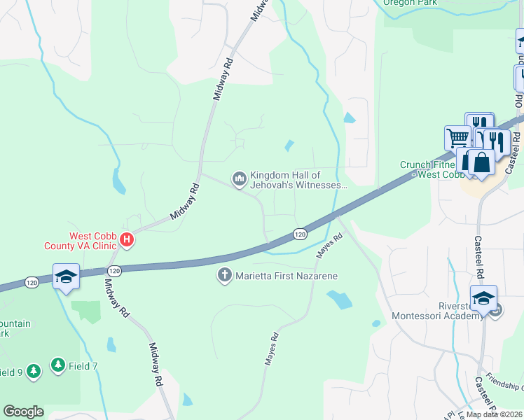 map of restaurants, bars, coffee shops, grocery stores, and more near 224 County Road Southwest in Marietta
