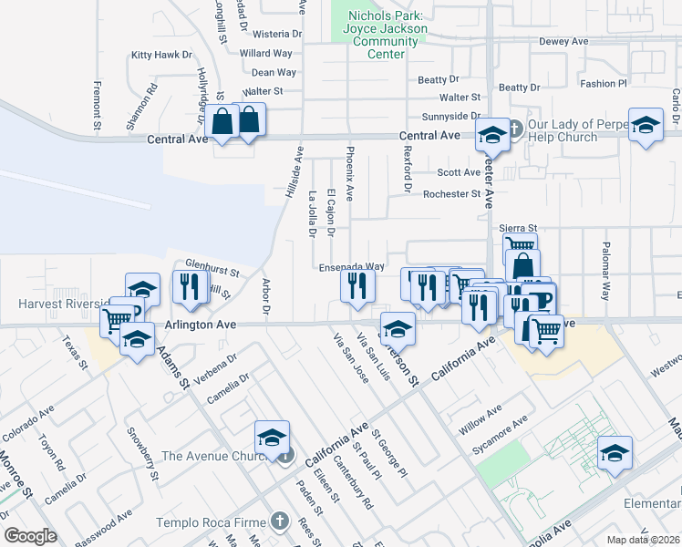 map of restaurants, bars, coffee shops, grocery stores, and more near 5620 Ensenada Way in Riverside