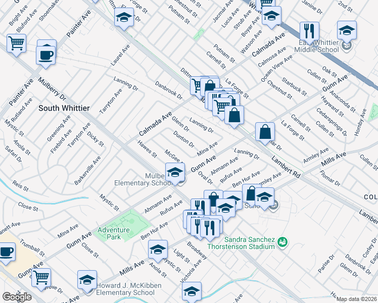 map of restaurants, bars, coffee shops, grocery stores, and more near 14033 Oval Drive in Whittier